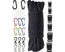 31 meters 4mm Paracord Touw Compleet Pakket - 250 kg Trekkracht - Zwart Parakoord - met Sluitingen, Karabijnhaak, Sleutelringen, Klikgespen - Knutselen Set voor Volwassen, Kinderen en Meisjes - Armbandjes, Lanyard & Sleutelhangers Maken knutselpakket