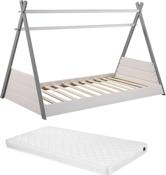 Tipi-bed - 90x190cm - Dennehout - Wit en grijs + matras - SIOUX L 198 cm x H 134 cm x D 106 cm