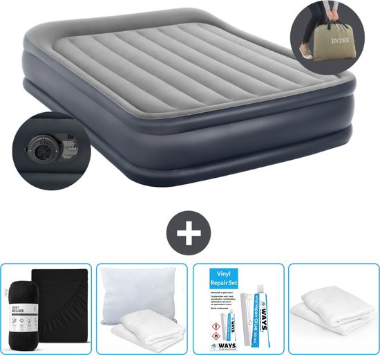 Matelas gonflable Intex - 2 personnes - 152 x 203 x 42 cm - Grijs - Pompe incluse - Hoeslaken - Oreiller - Kit de réparation et protège-oreiller