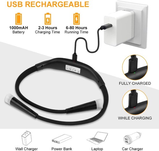 Nekleeslamp, USB-oplaadbaar, 3 helderheidsniveaus instelbaar, leeslamp