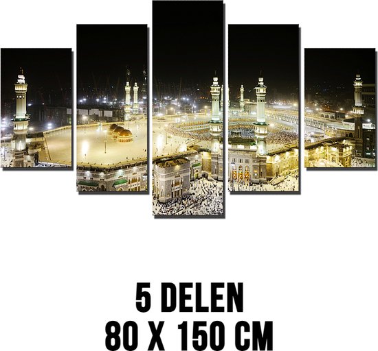 Allernieuwste.nl® Canvas Schilderij 5-luik Mekka Islamitische Heilige Landschap Moslim Moskee - Kleur - Religie - 80 x 150 cm