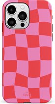 xoxo Wildhearts Drunk In Love - Double Layer - Hoesje geschikt voor iPhone 15 Pro Max hoesje - Blokjes print roze - Shockproof case - Beschermhoesje geschikt voor iPhone 15 Pro Max case - Roze