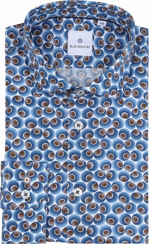 Blue Industry - Overhemd Print Kobaltblauw - Heren - Maat 42 - Slim-fit