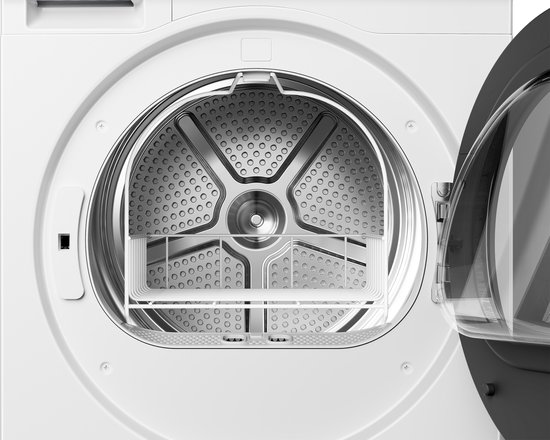 Witte Hisense wasdroger met open deur en droogrekje binnenin.
