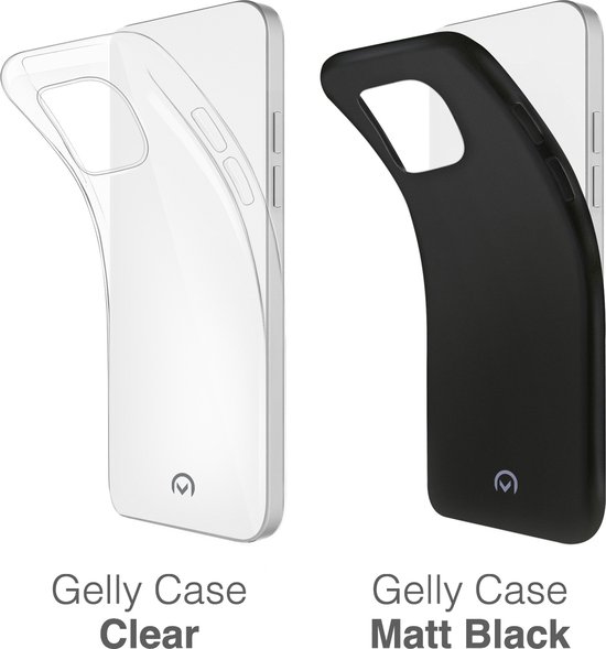 Coques de téléphone 'Gelly Case' noire et transparente côte à côte, toutes deux sur un téléphone.