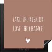 KitchenYeah® Inductie beschermer 78x78 cm - Engelse quote "Take the risk of lose the chance" met een hartje op een bruine achtergrond - Kookplaataccessoires - Afdekplaat voor kookplaat - Inductiebeschermer - Inductiemat - Inductieplaat mat