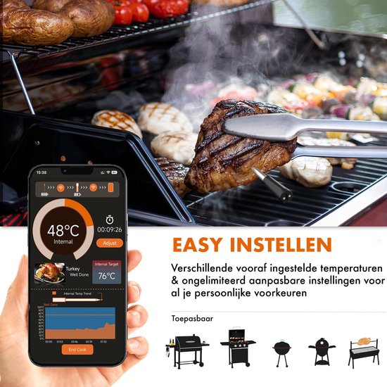 TM&DY Vleesthermometer - Draadloos - Met App - BBQ Thermometer met Bluetooth - Oventhermometer - BBQ Accessoires - TM&DY