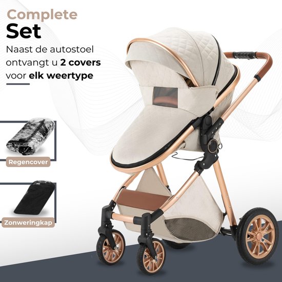 Beige kinderwagen met goudkleurig frame, met daarop een regenhoes en een zonwerkap. De tekst "Complete Set" staat erboven.