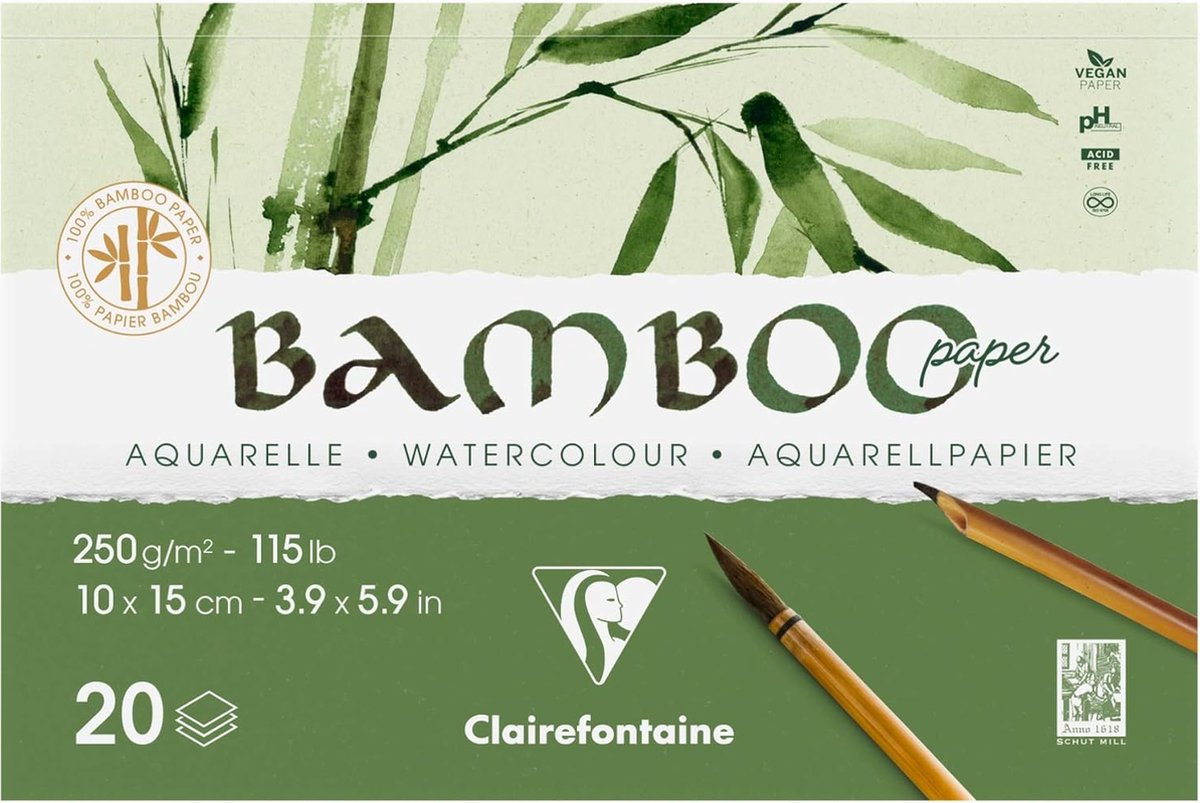 BAMBOO aquarelpapier blok 20 vel 105X210mm 250gr/m2 - Wit