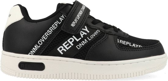 Zwarte sneaker met 'REPLAY DNM Lovers' opdruk, klittenband en witte zool.