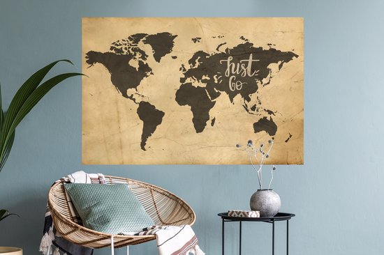 Sticker Muursticker Cartes du monde du monde Vintage avec citation Just go - 90x60 cm - film adhésif autocollant - sticker mural repositionnable