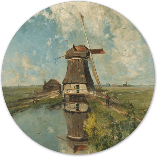 Label2X - Muurcirkel molen aan een poldervaart - Ø 120 cm - Forex - Multicolor - Wandcirkel - Rond Schilderij - Muurdecoratie Cirkel - Wandecoratie rond - Decoratie voor woonkamer of slaapkamer