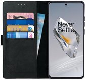 Rosso Deluxe Echt Leer Book Case Hoesje Geschikt voor OnePlus 12 | Ruimte voor drie pasjes | Portemonnee Book Case | Met Pasjeshouder | Zwart