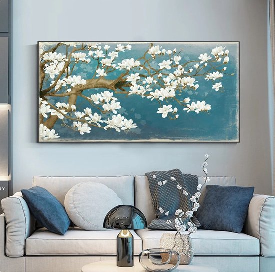 Allernieuwste.nl® Canvas Schilderij Prachtige Witte Bloemen 1 - Woonkamer - Kunst aan je 50 x 100 cm - kleur