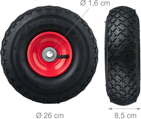 Relaxdays steekwagenwiel 3.00-4, set van 2, luchtbanden bolderkar, stalen velg, voor 16 mm as, 100 kg, zwart