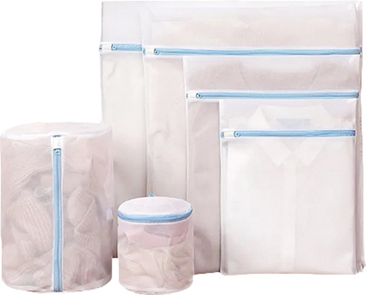ATTREZZO® set van 6 waszak - diverse maten - met rits - Wit - Wasnet - Wastas - Ideaal voor lingerie - BH - kwestbare kleding