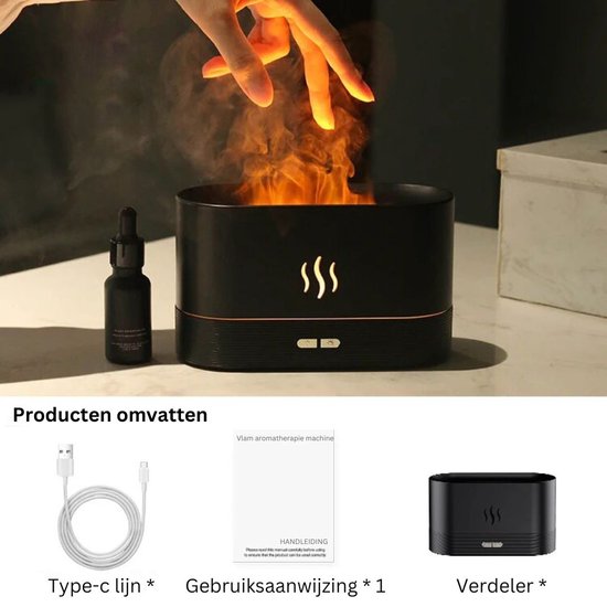 QProductz Flame Aromathérapie Diffuser - Humidificateur avec Aroma - Diffuseur d'arômes avec Look flamme - Zwart - 180 ml