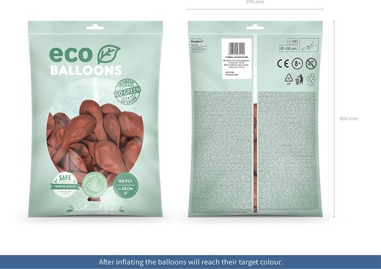 Verpakking van 100 ECO ballonnen in de kleur 'Misty Rose'. Afmetingen verpakking: 270 x 400 mm.