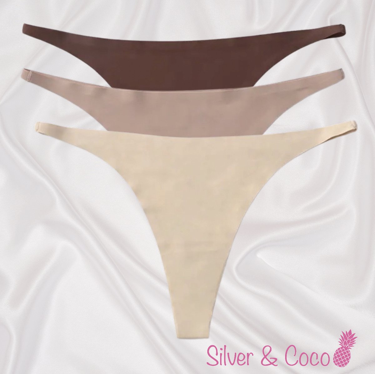 SilverAndCoco® - 3 Stuks Naadloze Strings / Seamless String Onderbroek Dames / Zacht Brazilian Slipje / Naadloos Stretch Ondergoed Vrouw / Strings Dames Lingerie Broekje Slip Black - Nude / Camel / Beige Small