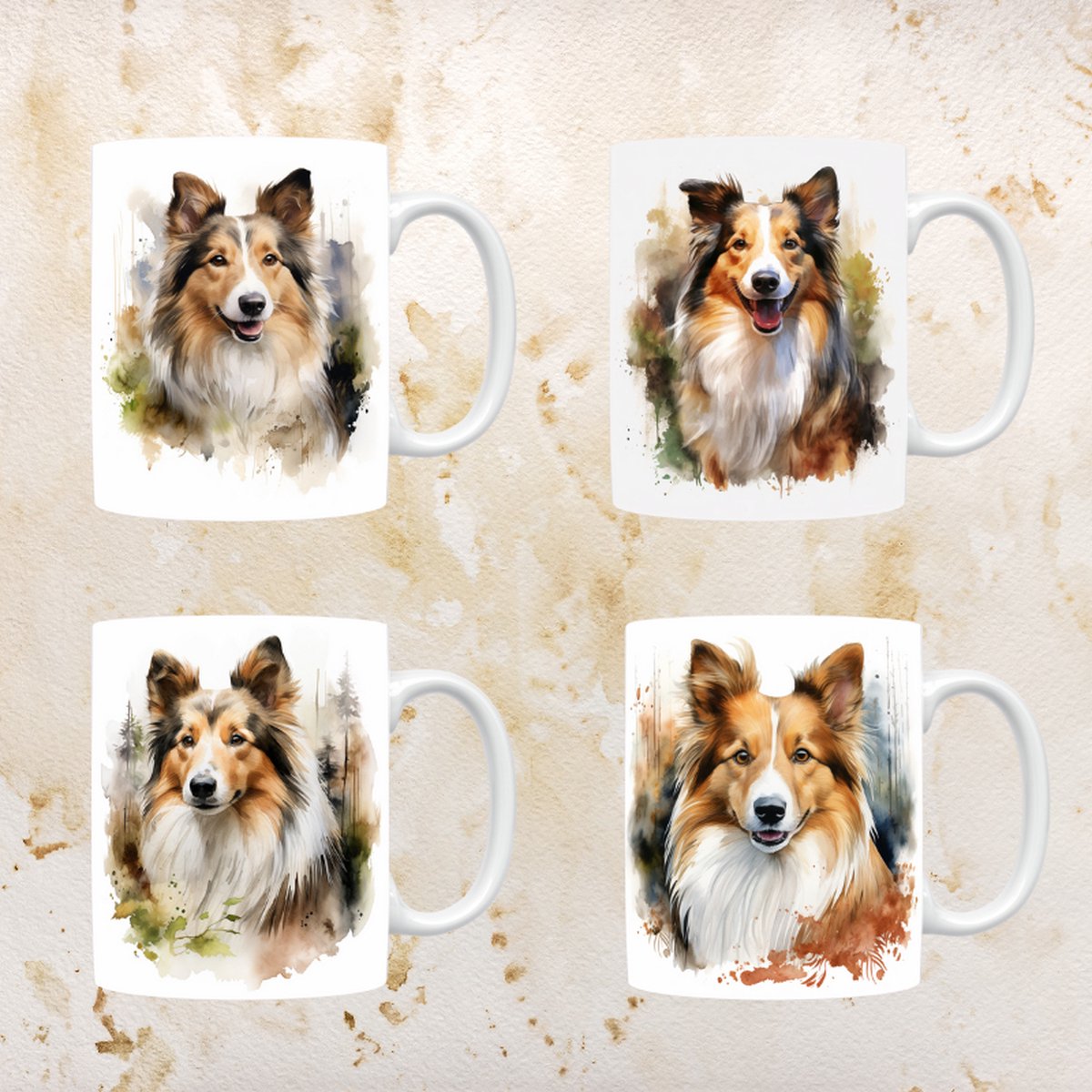 Shetland Sheepdog mokken set van 4, servies voor hondenliefhebbers, hond, thee mok, beker, koffietas, koffie, cadeau, moeder, oma, pasen decoratie, kerst, verjaardag