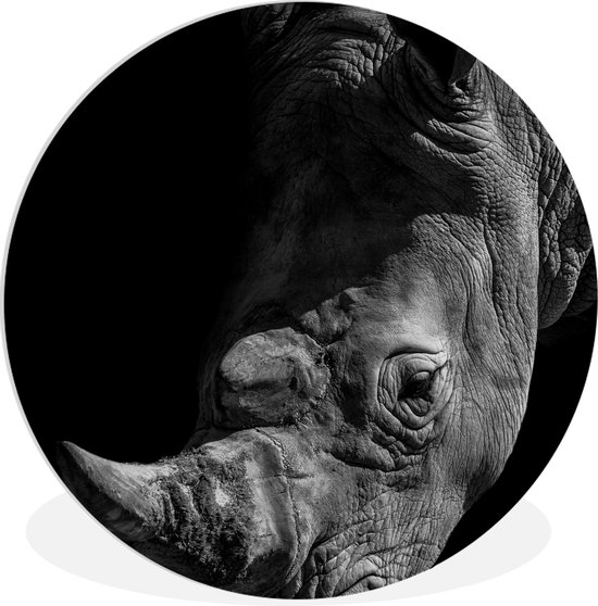 WallCircle - Wandcirkel ⌀ 150 - Close-up neushoorn op zwarte achtergrond in zwart-wit - Ronde schilderijen woonkamer - Wandbord rond - Muurdecoratie cirkel - Kamer decoratie binnen - Wanddecoratie muurcirkel - Woonaccessoires