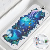 Badmat kinderen, 3D-geprinte baby-antislipmat badkuip, 100 x 40 cm extra lange douchemat antislip met zuignappen en afvoergaten BPA-vrij wasbaar in de machine, dolfijn