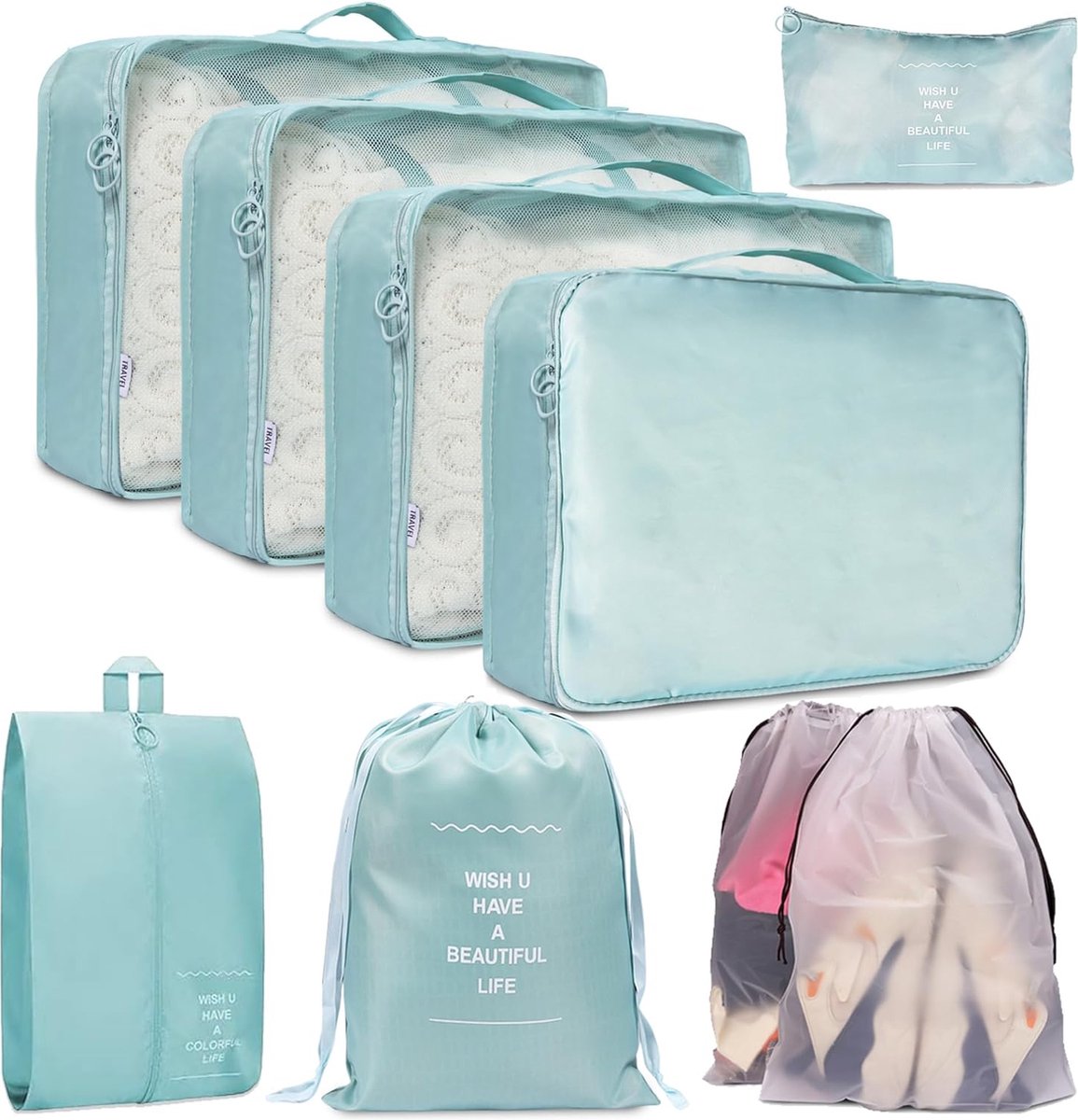 Koffer Organizer Compression Set, 9 stuks lichtgewicht Packing Cubes Travel Organizer Set, Vakantie en Reizen Waterdichte Reizen Kofferorganizer voor Rugzak, Koffer (Lichtblauw)