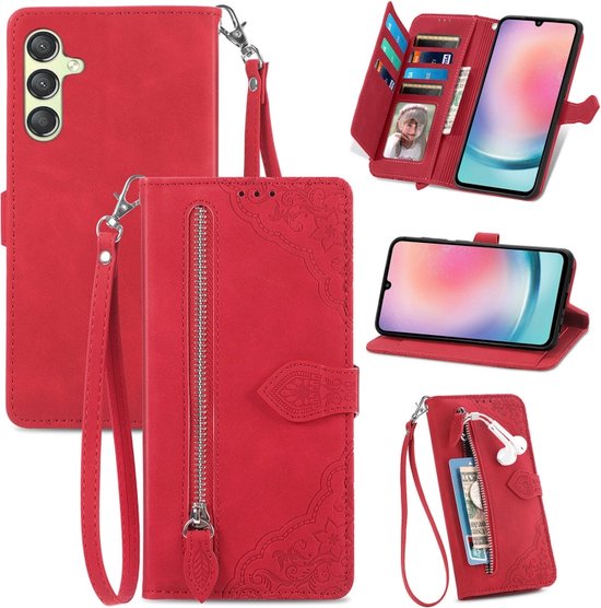 Foto: Telefoonhoesje geschikt voor samsung galaxy a25 5g portemonnee met rits book case hoesje ruimte voor 7 pasjes mandala bloemen rood