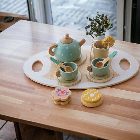 Foto: Femur 15 delig houten thee servies kinderspeelgoed speelgoed servies spelend leren compleet van hout duurzaam