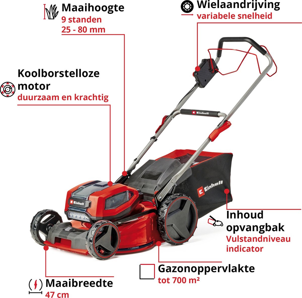Einhell Professional Accu Grasmaaier GP-CM 36/47 S Li BL Kit - Power X-Change - 36 V/Li-ion - Maaibreedte: 47 cm - Aanbevolen gazonoppervlakte: tot 700 m² - 65 L opvangzak - Maaihoogte: 25-80 mm - Incl. 4x 4.0 Ah Accu en 2x DUO-lader thumbnail 2