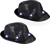 Relaxdays glitter hoed - set van 2 - lichtgevend - met led - pailletten - feest - zwart