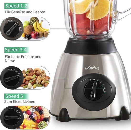 HOMELUX Smoothie Maker blender - 1,5 l Glas - Mixer - 350 W blender - Krachtige mixer - 5 snelheden + impulsfunctie - ice crush-functie - zilver van Homelux — afbeelding 2