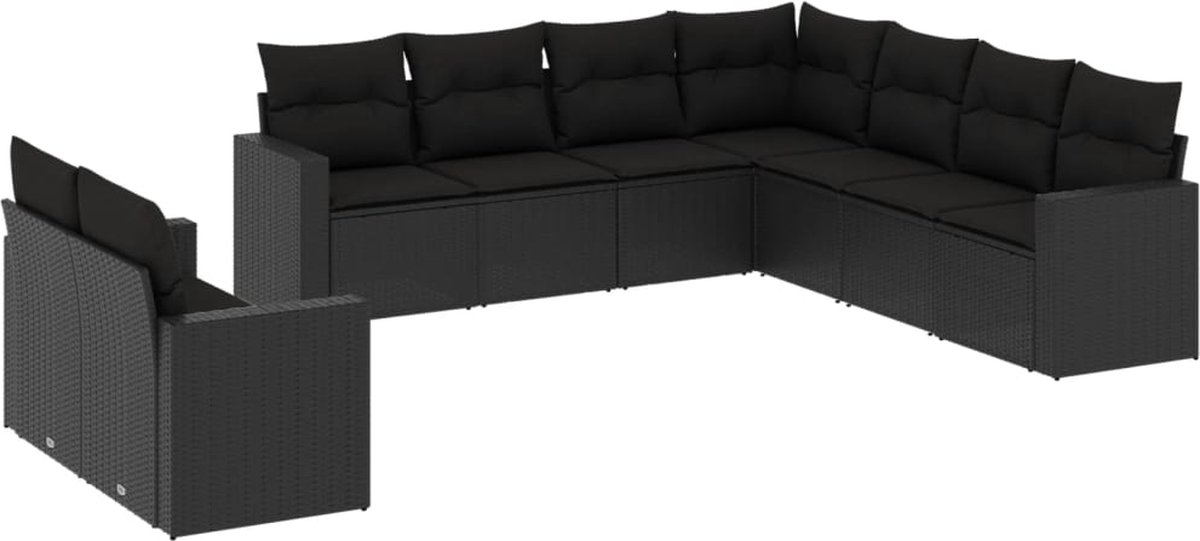 vidaXL 9-delige - Loungeset - met - kussens - poly - rattan - zwart