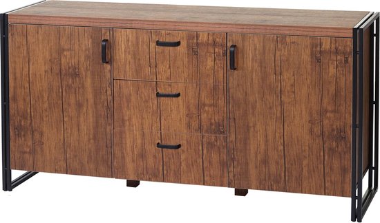 Dressoir met houtlook, 2 deuren, 3 laden en zwart metalen frame.