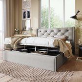 Sweiko Hydraulisch tweepersoonsbed gestoffeerd bed 160x200cm, Bed met metalen frame lattenboden, Modern bedframe met opbergruimte, Katoen, Lichtgrijs