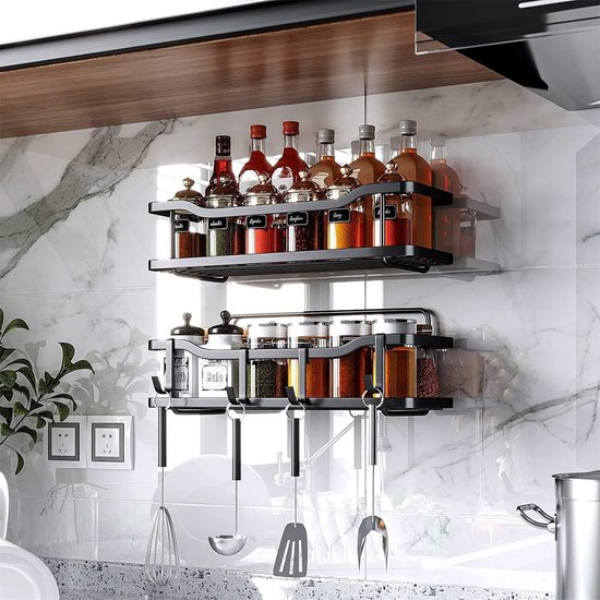Merdoo Kruidenrek Ophangbaar - Kruiden Organizer - 2 laags Keukenrekken - Spice Rack - Keuken Organizers - Chefs Cuisine Kruidenrek - Zwart