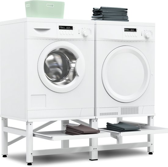 Bodo® - Rehausseur pour machine à laver - Rehausseur double pour machine à laver avec étagère extensible - Meuble pour machine à laver - Socle pour machine à laver - Universel - Wit