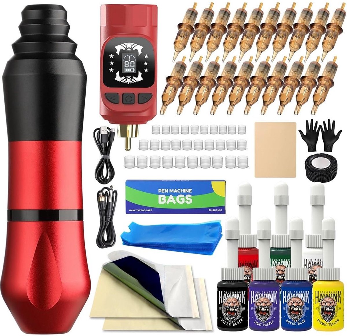 Tattoo Machine met Accessoires - Tattoo Machines Draadloos - Tattoo Set Inclusief Inkt en Naalden - Tattoo Kit - Voor Professionals en Beginners - Top Kwaliteit - Rood met Zwart