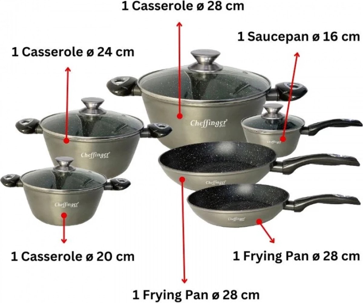 Cheffinger CF-FA1010-BLK: 10-delige pannenset met marmercoating