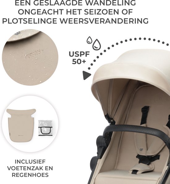 Beige kinderwagenkap met waterdruppels en 'USPF 50+' logo. Inclusief voetenzak en regenhoes.
