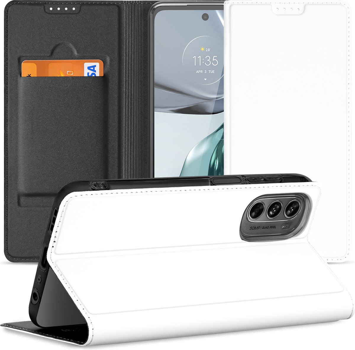 Stand Case Hoesje Geschikt voor de Motorola Moto G62 5G Wit met Pashouder