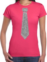 Bellatio Decorations Verkleed shirt dames - stropdas glitter zilver - roze - carnaval - foute party S