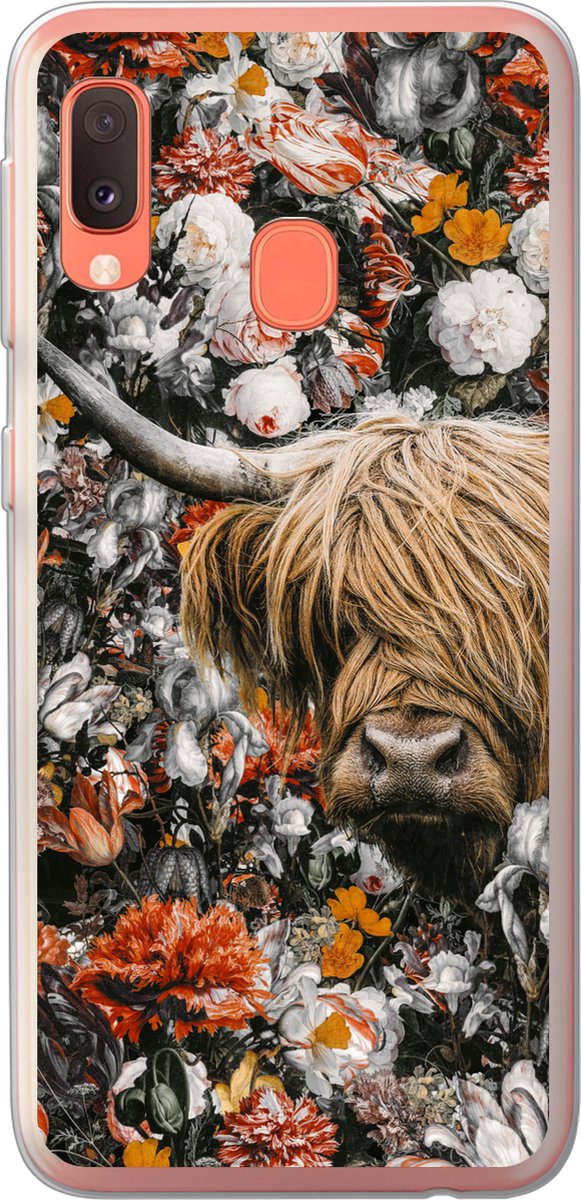 Telefoonhoesje Geschikt voor Samsung Galaxy A20e hoesje - Schotse hooglander - Bloemen - Oranje - Siliconen Telefoonhoesje Telefoonhoesje
