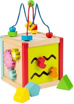Boppi – kleine houten activiteiten kubus – spelend leren - kralenspiraal - vormenstoof - klok – tandwielen - vormenschuif (5-in-1)