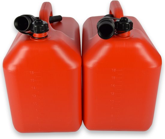 Set van 2 Robuuste Jerrycans 20 Liter met Tuit - Rood Polyethyleen - Geschikt voor Benzine, Diesel en Water - Ideaal voor Klussen, Kamperen & Outdoor en Meer! - discountershop