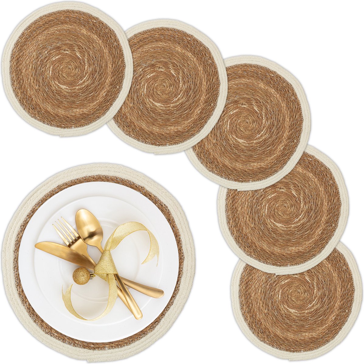 placemat - gevlochten - set van 6 - rond Ø 36 cm - onderleggers - natuur-wit