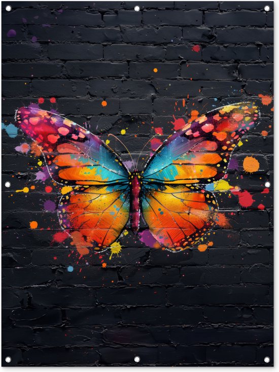 Tuinposter 90x120 cm - Tuindecoratie - Vlinder - Graffiti - Neon art - Kleurrijk - Kunst - Poster voor in de tuin - Buiten decoratie vlinders - Schutting tuinschilderij - Muurdecoratie - Buitenschilderijen - Tuindoek - Buitenposter..