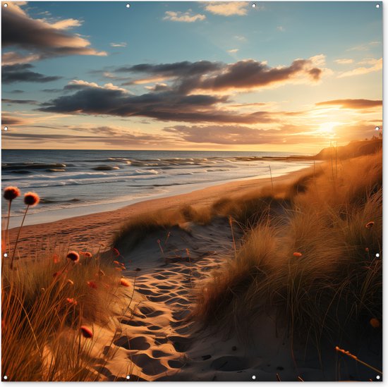 Tuin poster Strand - Zonsondergang - Duinen - Zee - Zand - 200x200 cm - Tuindoek - Buitenposter