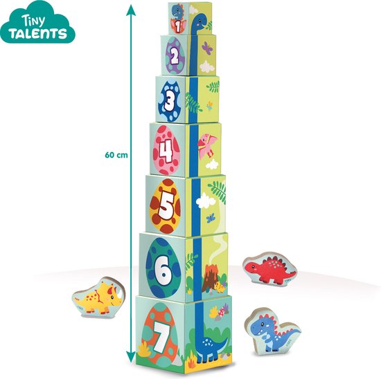 SES - Tiny Talents - Stapelblokken toren met dinosaurus figuren - Montessori - 7 stapelblokken met 3 speel dino's - mooi geïllustreerd - Speelgoed 1 jaar van SES — afbeelding 3