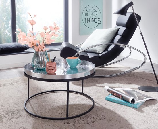 Koffietafel Aluminium 62x62x36 cm Salontafel Gehamerd Metaal Zilver | Tafel Woonkamer Rond | Woonkamertafel Modern | Kleine Bijzettafel
